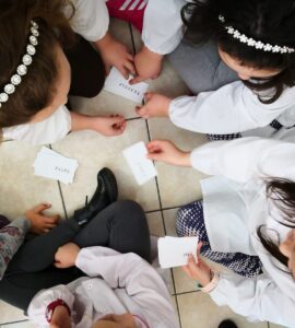 gruppo di bambini in classe visti dall'alto mentre giocano sul pavimento con dei bigliettini di carta in mano
