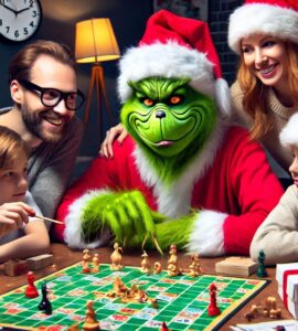 Il Grinch che gioca a un gioco da tavola insieme a una famiglia.