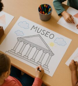 quattro bambini disegnano con i pastelli su un foglio di carta ciascuno la propria idea di museo