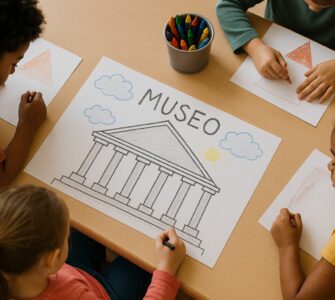 quattro bambini disegnano con i pastelli su un foglio di carta ciascuno la propria idea di museo