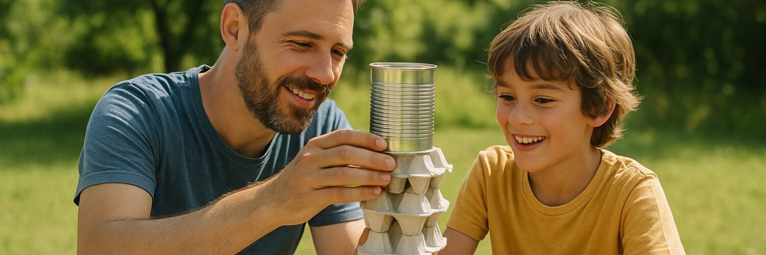 Un uomo e un bambino giocano insieme all'aperto costruendo una torre con portauova in cartone e una lattina di metallo, sorridendo mentre collaborano in un'attività creativa su un tavolo di legno, con uno sfondo di alberi verdi e luce estiva.