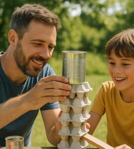 Un uomo e un bambino giocano insieme all'aperto costruendo una torre con portauova in cartone e una lattina di metallo, sorridendo mentre collaborano in un'attività creativa su un tavolo di legno, con uno sfondo di alberi verdi e luce estiva.