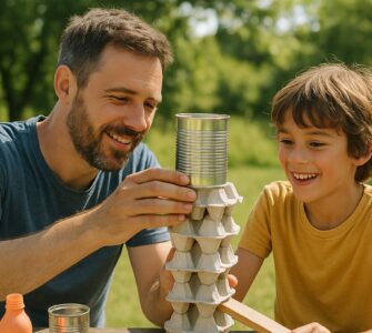 Un uomo e un bambino giocano insieme all'aperto costruendo una torre con portauova in cartone e una lattina di metallo, sorridendo mentre collaborano in un'attività creativa su un tavolo di legno, con uno sfondo di alberi verdi e luce estiva.