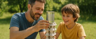 Un uomo e un bambino giocano insieme all'aperto costruendo una torre con portauova in cartone e una lattina di metallo, sorridendo mentre collaborano in un'attività creativa su un tavolo di legno, con uno sfondo di alberi verdi e luce estiva.