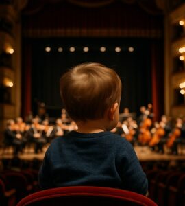 Un bambino di spalle, seduto in platea, osserva un’orchestra che si esibisce su un palcoscenico illuminato. La scena è ambientata in un teatro elegante con balconate e luci calde che creano un’atmosfera raccolta.