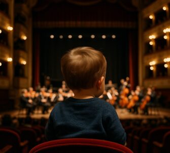 Un bambino di spalle, seduto in platea, osserva un’orchestra che si esibisce su un palcoscenico illuminato. La scena è ambientata in un teatro elegante con balconate e luci calde che creano un’atmosfera raccolta.