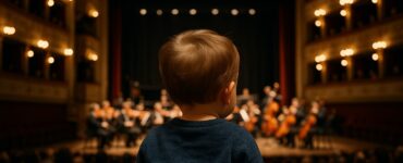 Un bambino di spalle, seduto in platea, osserva un’orchestra che si esibisce su un palcoscenico illuminato. La scena è ambientata in un teatro elegante con balconate e luci calde che creano un’atmosfera raccolta.