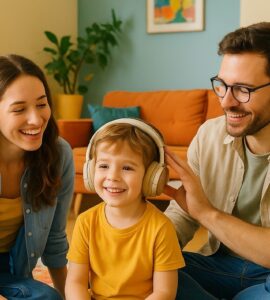 Una donna e un uomo seduti sul pavimento accanto a un bambino che indossa grandi cuffie e sorride. I tre sono in un soggiorno luminoso e colorato, con piante, libri e cuscini arancioni sullo sfondo. La scena trasmette un momento familiare sereno e giocoso.