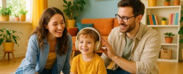 Una donna e un uomo seduti sul pavimento accanto a un bambino che indossa grandi cuffie e sorride. I tre sono in un soggiorno luminoso e colorato, con piante, libri e cuscini arancioni sullo sfondo. La scena trasmette un momento familiare sereno e giocoso.