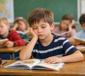 Un bambino seduto al banco in un’aula scolastica guarda il libro aperto con espressione annoiata, mentre altri bambini sullo sfondo leggono o fanno finta di leggere.