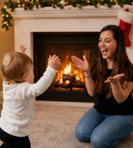 Bambino piccolo che balla con le braccia alzate su una moquette chiara, davanti a una donna inginocchiata che applaude. La scena è ambientata in un soggiorno decorato per Natale, con albero illuminato addobbato con palline e luci, regali alla base, camino acceso con calza appesa, lanterna decorativa a terra e divano blu visibile sul lato destro.