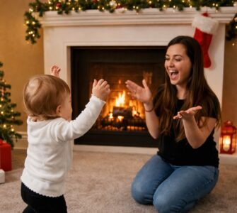 Bambino piccolo che balla con le braccia alzate su una moquette chiara, davanti a una donna inginocchiata che applaude. La scena è ambientata in un soggiorno decorato per Natale, con albero illuminato addobbato con palline e luci, regali alla base, camino acceso con calza appesa, lanterna decorativa a terra e divano blu visibile sul lato destro.