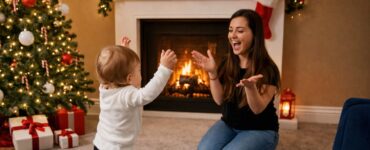 Bambino piccolo che balla con le braccia alzate su una moquette chiara, davanti a una donna inginocchiata che applaude. La scena è ambientata in un soggiorno decorato per Natale, con albero illuminato addobbato con palline e luci, regali alla base, camino acceso con calza appesa, lanterna decorativa a terra e divano blu visibile sul lato destro.