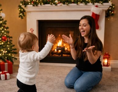 Bambino piccolo che balla con le braccia alzate su una moquette chiara, davanti a una donna inginocchiata che applaude. La scena è ambientata in un soggiorno decorato per Natale, con albero illuminato addobbato con palline e luci, regali alla base, camino acceso con calza appesa, lanterna decorativa a terra e divano blu visibile sul lato destro.