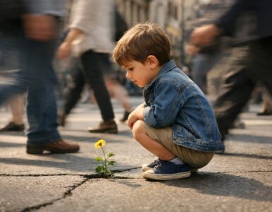Un bambino piccolo accovacciato su un marciapiede cittadino affollato, intento a osservare con curiosità un singolo fiore giallo che cresce da una crepa nell'asfalto. Intorno a lui, le figure sfocate di molti passanti suggeriscono un movimento frenetico che contrasta con il momento di calma e meraviglia del bambino. Il piccolo indossa una giacca di jeans, pantaloni beige e scarpe da ginnastica blu.